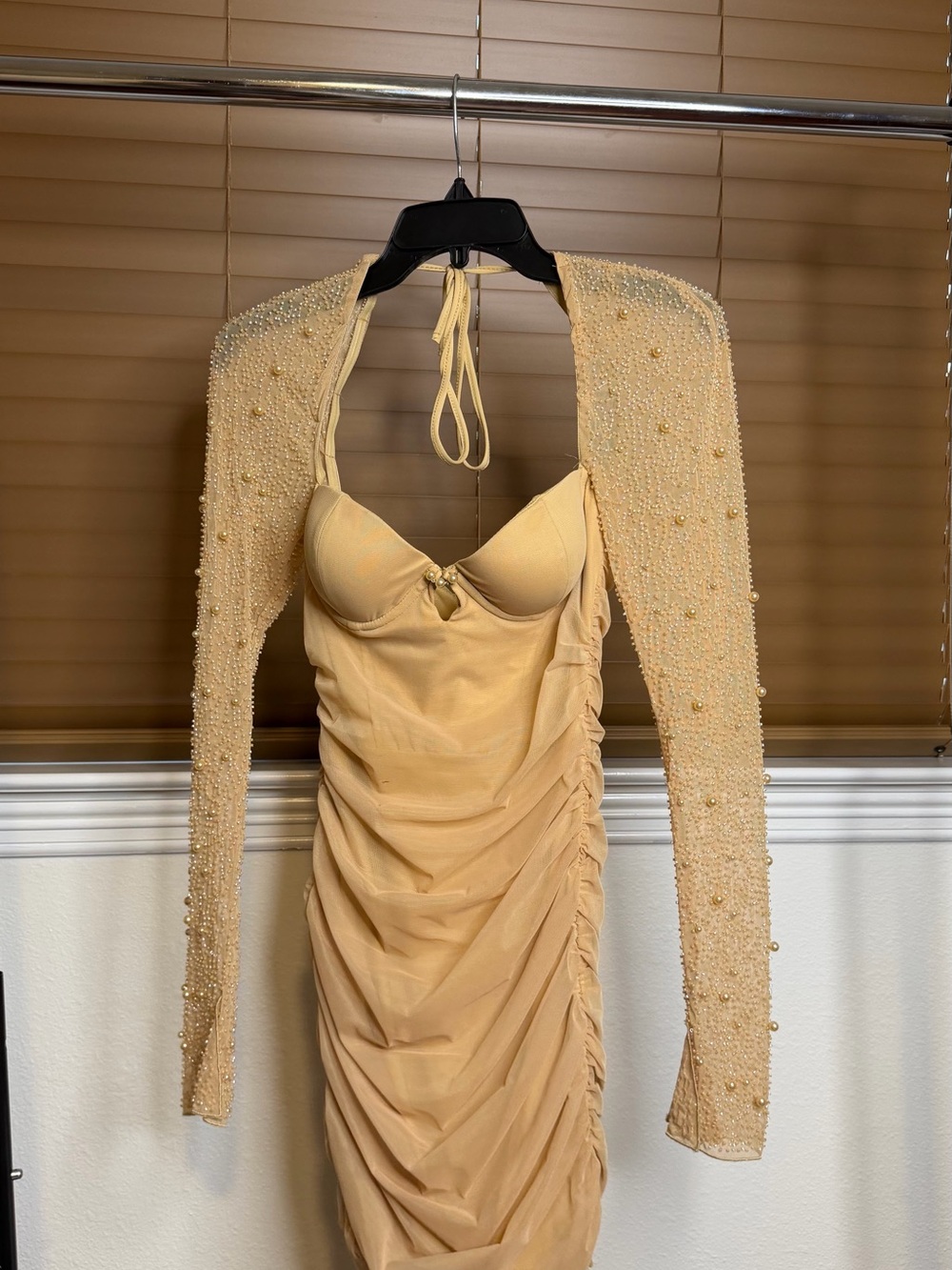 Oh Polly Beige Sheer-Sleeve Bodycon Mini Dress - Picture 5 of 7